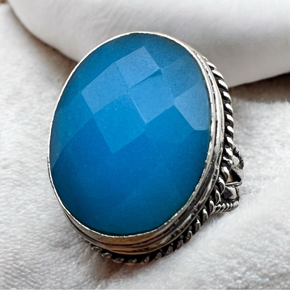 New Blue Chalcedony Agate Stone Oval Faceted Silver Overlay Ring Size 7.75 - 8